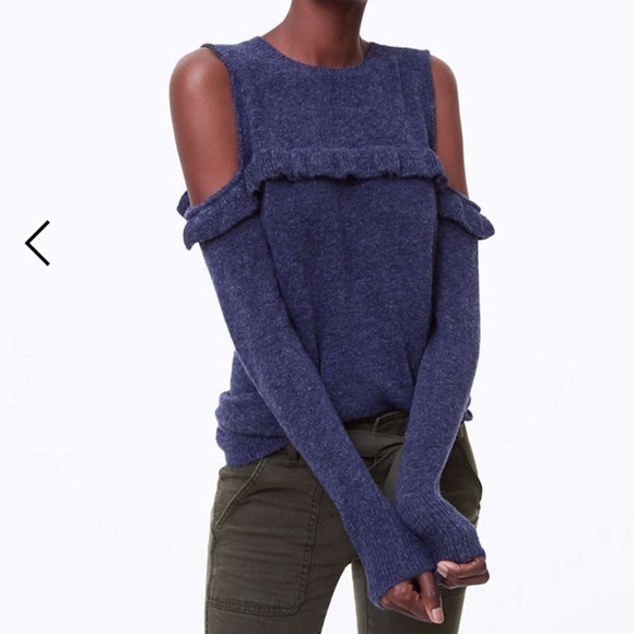 Ann Taylor LOFT Blue Cold Ruffle Shoulder Sweater Ruffle - Picture 1 of 5